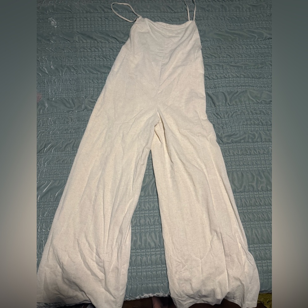Missguided Cream Wide Leg Linen Strappy Low-back Jumpsuit